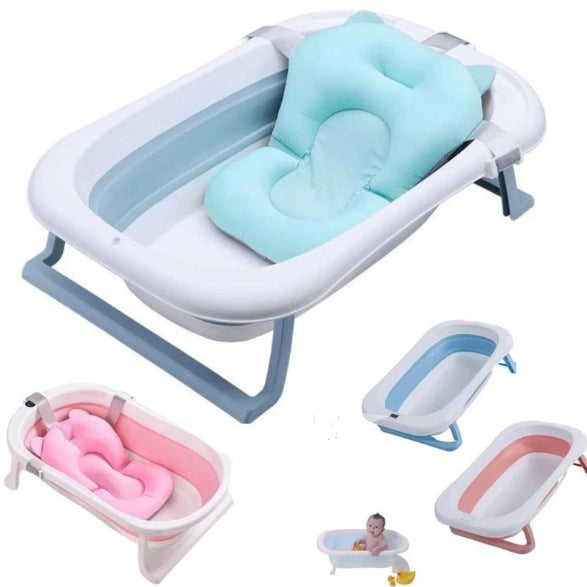 Kit Banheira Dobrável E Almofada Banho Bebê Infantil Boia Flutuante.